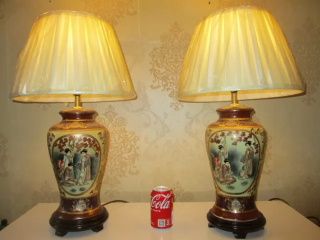 Large Pair Of Ornate  Vintage Chinese Porcelaine Table Lamps With New Shades
