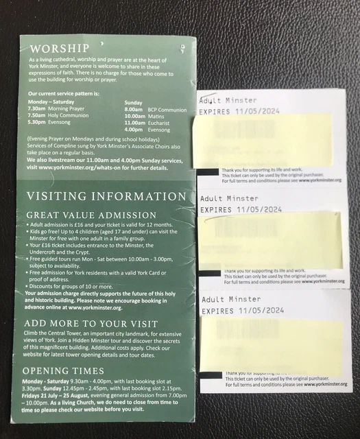 York Minster Three Adult Admission Tickets Expiry Date 11/05/2024