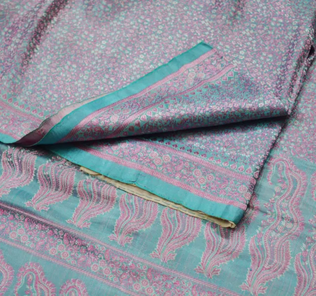 Vintage Blue Heavy Saree Pure Satin Silk Hand Woven Brocade Indian Sari Fabric