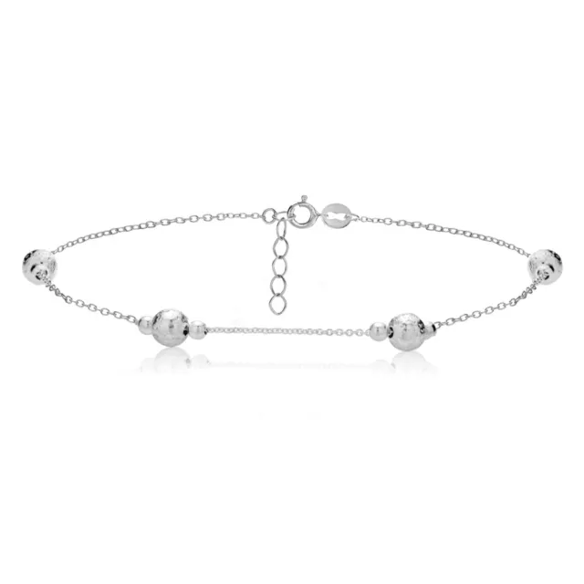 Sterling Silver Textured and Polished Round Beads Chain Anklet