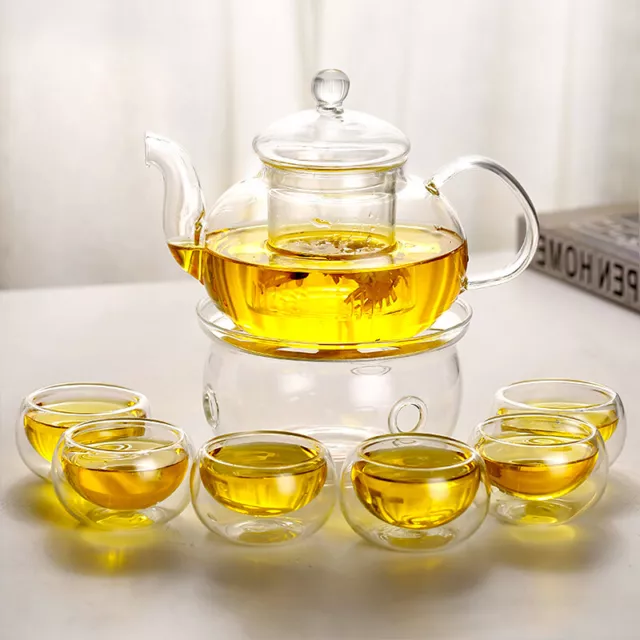 8 Piece Glass Tea Set 600ml Glass Teapot With Infuser + Teapot Warmer + 6 Cups