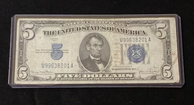 Vintage Silver Certificate $5 Note 1934 D  Five Dollar Bill Vg  $5.00 Blue Seal