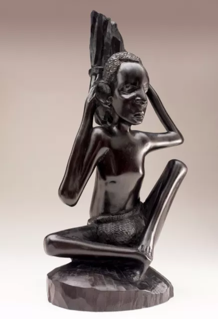 Vintage Makonde Black Wood Carving Seated Figure African Tanzania Mozambique 11"