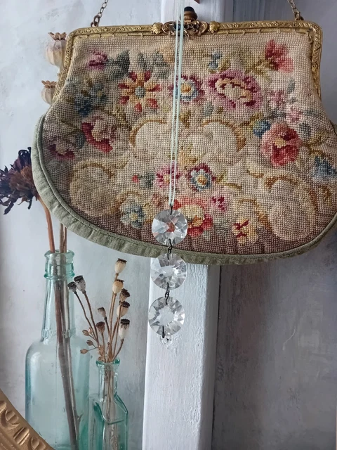 Vintage Glass Chandelier Crystal Drops Pale Sage Green Satin Ribbon