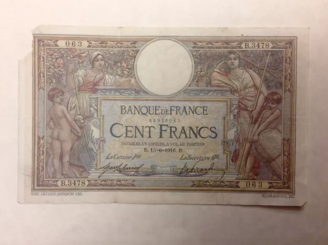 ~   1916 France  100  Francs - P 71a