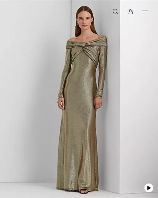 Lauren By Ralph Lauren Metallic Knit Off The Shoulder Gown 12P 3