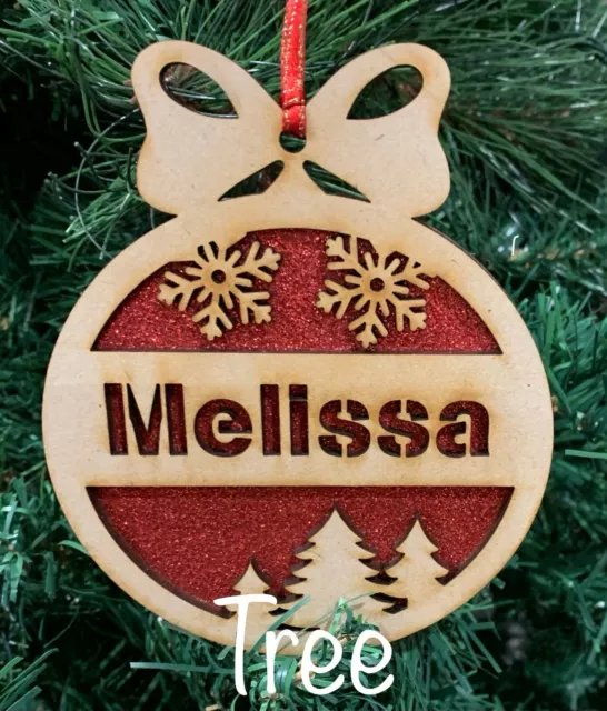 Personalised Wooden/Glitter Christmas Baubles 10cm x 12cm Xmas Tree Design