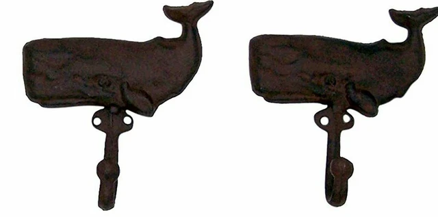 Brown Cast Iron Whale Shaped Wall Hooks, Set of 2, 6 Inches