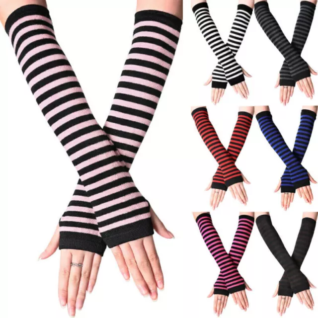 Women Winter Fingerless Gloves Long Knitted Striped Wrist Arm Hand Warmer Mitten