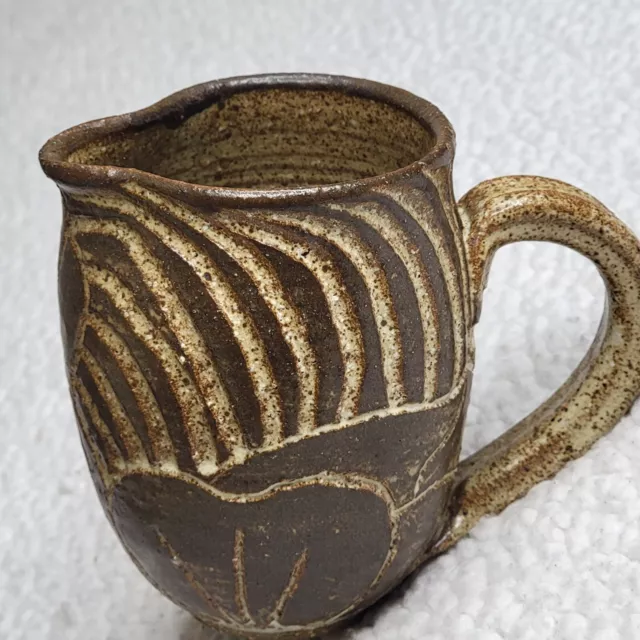 Mug / Creamer Stoneware Pottery Carved Goblined With Handle Signed on Bottom