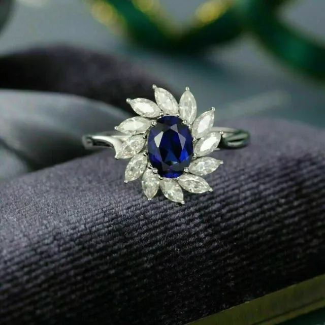 Bague saphir bleu taille ovale de 3,5 ct avec diamant simulé en or blanc 14...