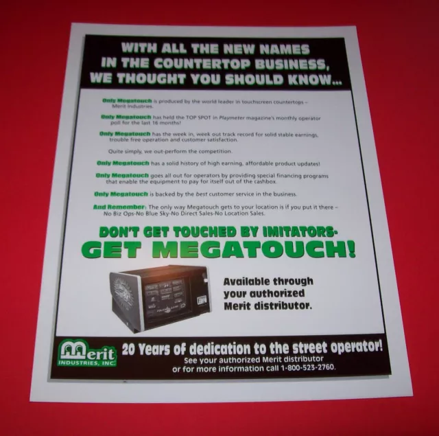 MEGATOUCH MERIT ORIGINAL NOS VIDEO ARCADE GAME SALES FLYER Vintage Promo Artwork
