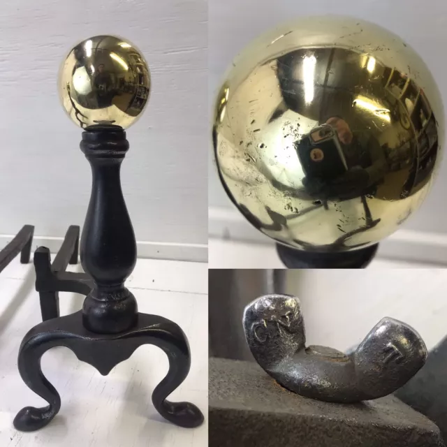 Antique 19th Cent. Brass Ball Andirons Hand Forged Billets SIGNED Victorian, Vtg 2