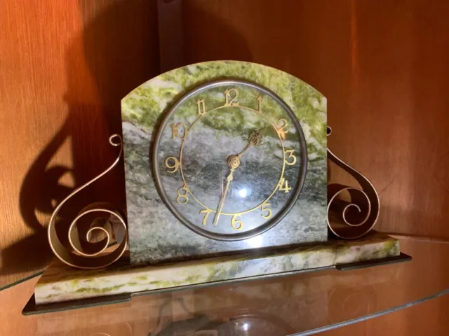Vintage Green Onyx Mechanical Mantle Clock (English Made, Serviced And Working)