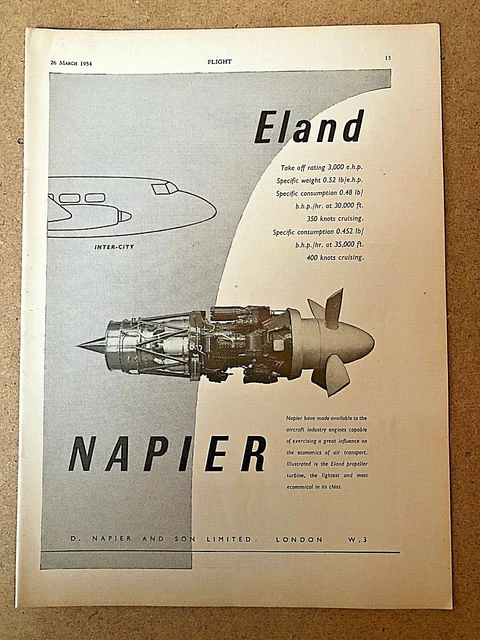 1954 Flugzeugwerbung ELAND NAPIER PROPELLER TURBINE MOTOR INTERCITY LICHT