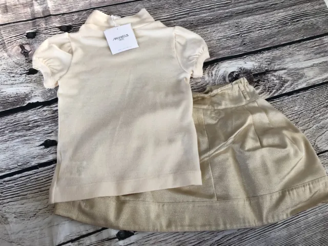 $330 Simonetta Ivory Lupetto Corta Top Gold Shimmer Skirt Sz 6 5 Party Holiday