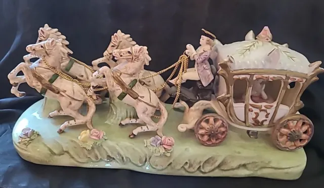 Vintage Capodimonte Porcelain 4 - Horse Drawn Carriage with Driver and Lady