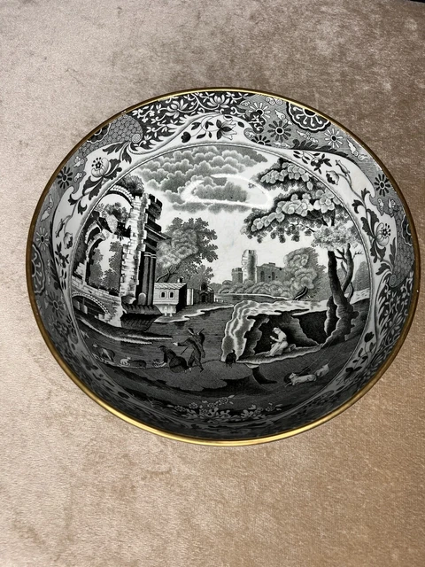 Spode England Woodland Black Transfer Large Italian Porcelain Bowl 9.5” Wide