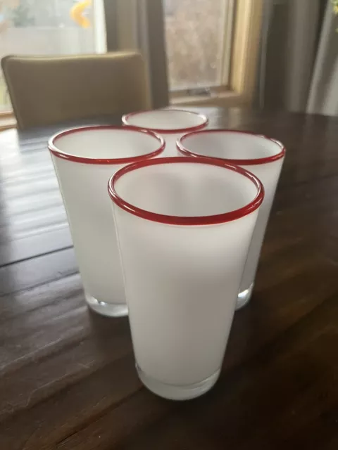 4 Villeroy Boch Hand Blown Stacking White Glass Tumblers Red Rim Heavy Pontil