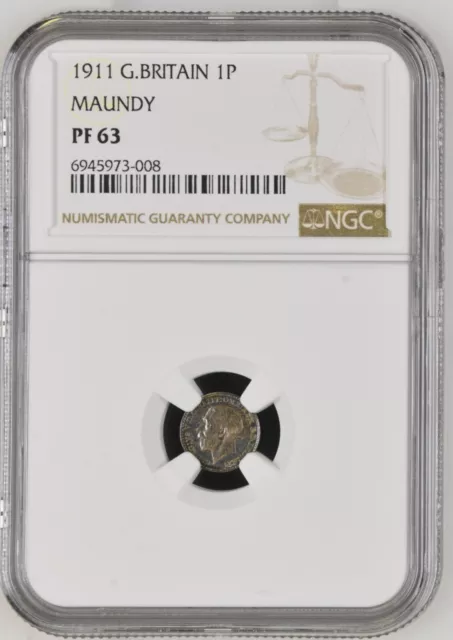 NGC GRADED PF63 Very Rare George V 1911 Proof Silver Maundy One Pence 1d
