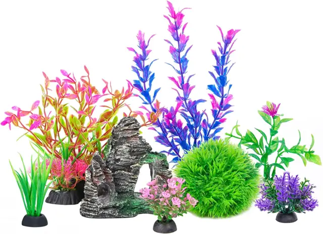 Aquarium Decorations Fish Tank Artificial Plastic Plants & Cave Rock Decor Set,
