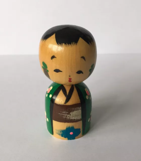 Vintage Little Wooden Hand Painted Japanese Oriental Bobble Head Display Doll