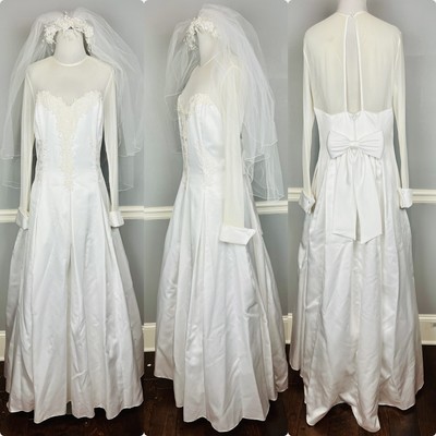 Jessica McClintock Bridal Wedding Dress 90s Vintage Veil Mesh Sleeves Size 16