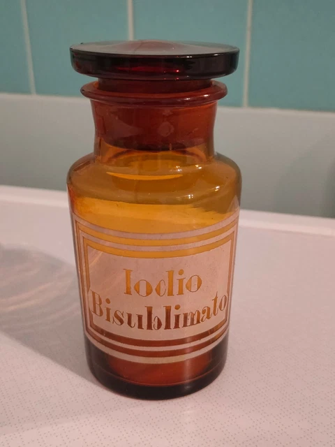 ANTICO VASO CONTENITORE Laboratorio Farmacia IODIO BISUBLIMATO  in vetro ambrato