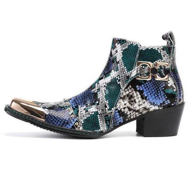 MEN'S LEATHER ANKLE Boot,Western Boot,Python Pattern ,Square Toe,Cuban ...