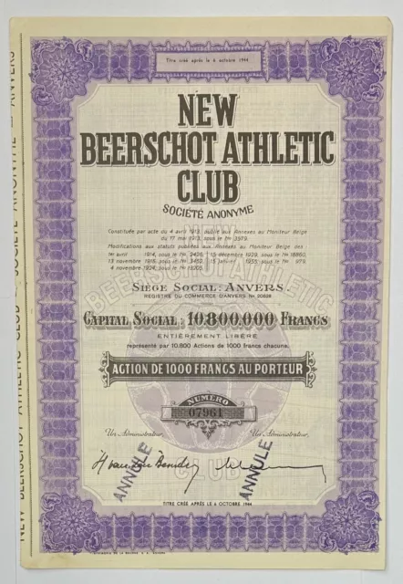 Belgium New Beerschot Athletic Club 1000 Francs Share 1944 Football Sport Soccer