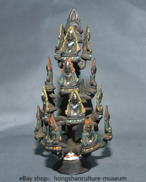 7.8" Old Tibetan Bronze Painting Buddhism Temple Buddha Tree Statue Sculpture