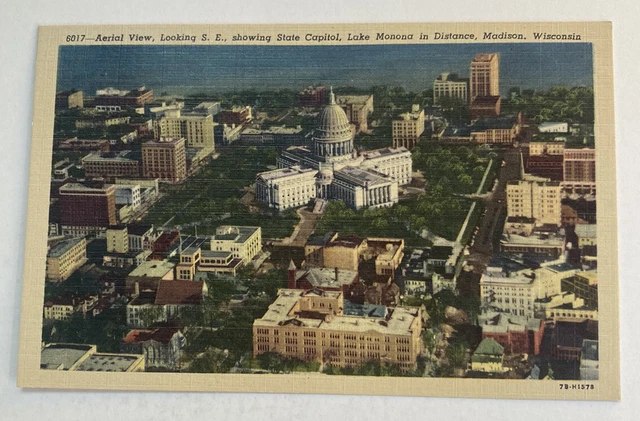 Vintage Postcard ~ State Capitol & Lake Monona Aerial View ~ Madison Wisconsin