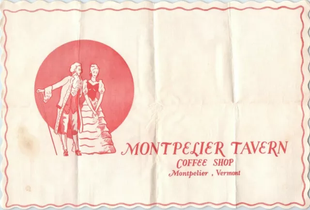 Montpelier Tavern Coffee Shop Place Mat 1938 Montpelier, Vermont -E9E-44