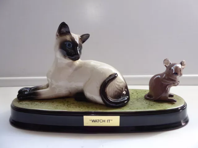 BESWICK "WATCH IT" SIAMESE CAT & MOUSE FIGURINE ON PLINTH Made in England