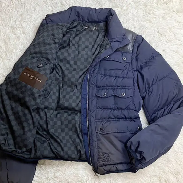 Louis Vuitton Down Jacket Damier Cow Leather 2way XL 50 Size Navy Men's