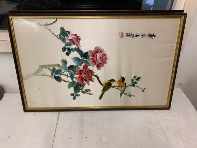 Pair Of Oriental Framed Embroidered Silk Bird Pictures