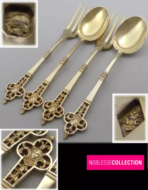 CARDEILHAC RENAISSANCE FRENCH STERLING SILVER VERMEIL  DESSERT FLATWARE SET 4p