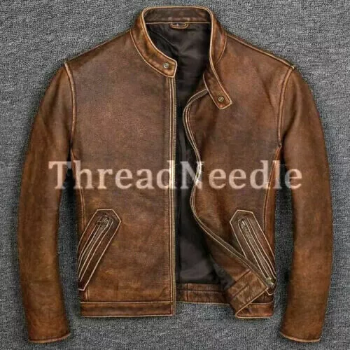Mens Vintage Style Real Leather Distressed Cafe Racer Brown Jacket