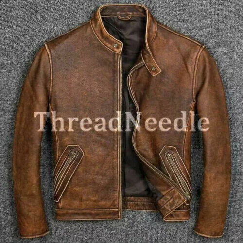 Veste En Cuir Café Racer Vintage Pour Homme - Marron - Neuf Avec étiquettes