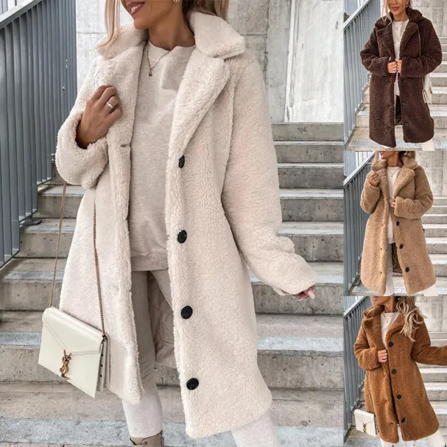 Womens Teddy Bear Fluffy Jacket Long Coat Winter Warm Fleece Overcoat Outerwear
