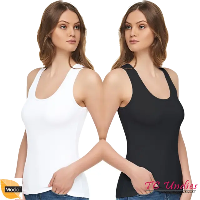 Womens Cotton + MODAL Plain Vest Ladies Stretchy Tank Top Wide Strap Vests