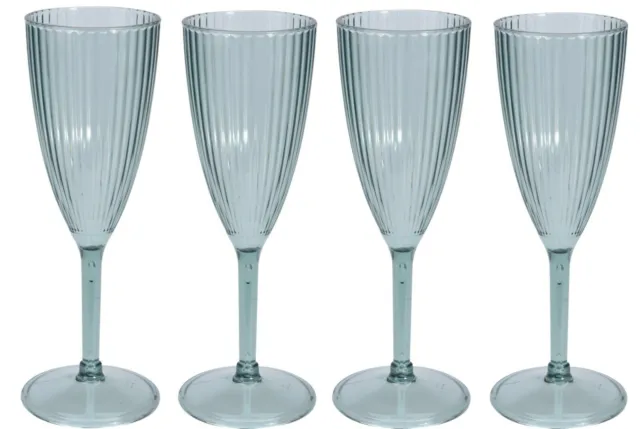 4 Plastic Champagne Flutes Glasses Stylish Ribbed Recycled Glass Effect Reusable