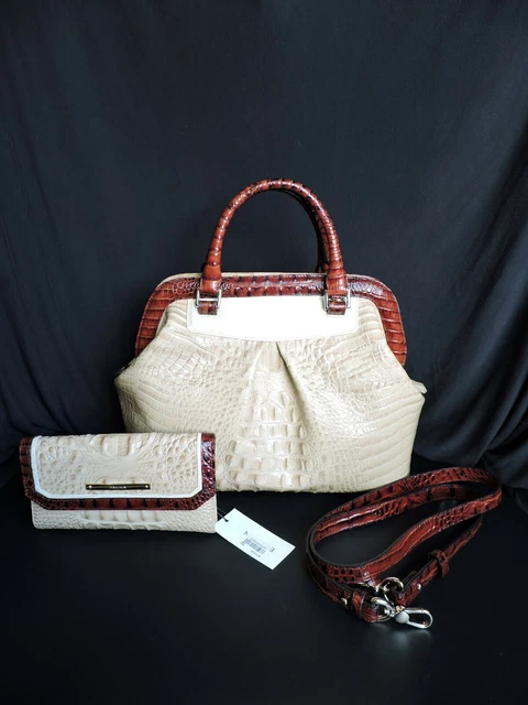 Brahmin Bristol Satchel Twil Tan Cream Pecan Croc Emboss & Checkbook Wallet NWT