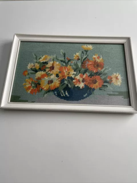 Vintage Framed Tapestry Flowers Floral Wooden Frame 38 X 25 Cm (J)