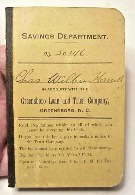 1918 Greensboro Loan & Trust Co. Savings Department NC Passbook