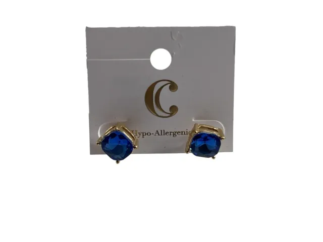 Charming Charlie Earrings Royal Blue Jeweled Posts Gold Tone New on Card