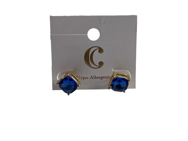 Charming Charlie Earrings Royal Blue Jeweled Posts Gold Tone New on Card