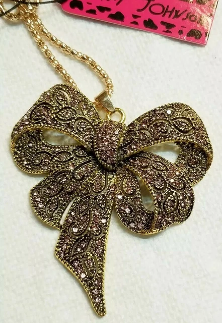 Women's Pink Crystal Rhinestone Bowknot Pendant Betsey Johnson Sweater Necklace