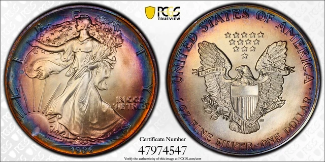 1986 MS68 American Silver Eagle PCI Rainbow Toned PCGS +Video