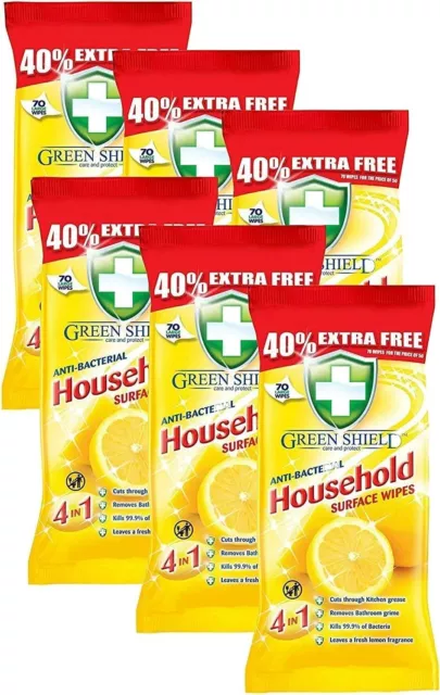 GREENSHIELD ANTIBAC Household Surface Wipes Packs of 70 Wipes Each Box of 6